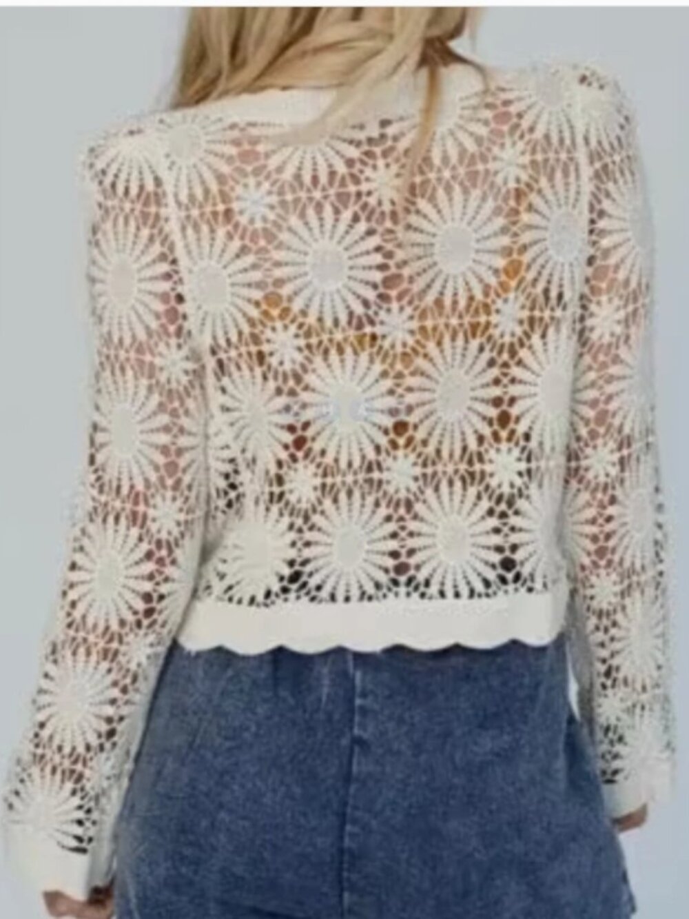 En Creme 100% Cotton Crochet V-Neck Button Front Cardigan - cream Size S/M - Picture 2 of 9